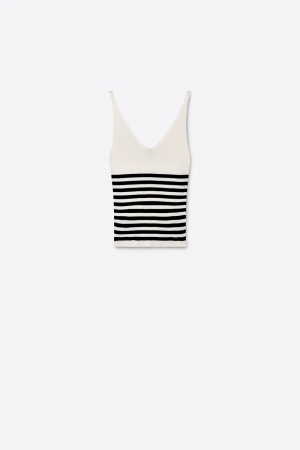 Camiseta sin mangas de canalé blanco con raya y cuello en V ajustado