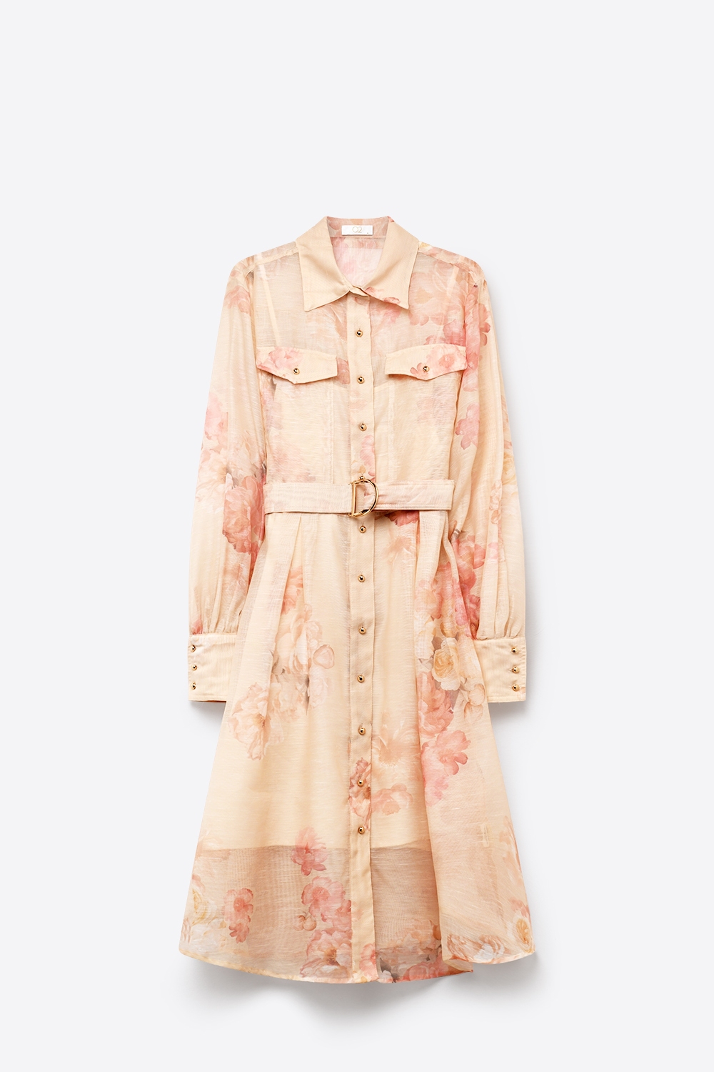 Vestido camisero midi de gasa con cintur&oacute;n y estampado floral beige con botones dorados
