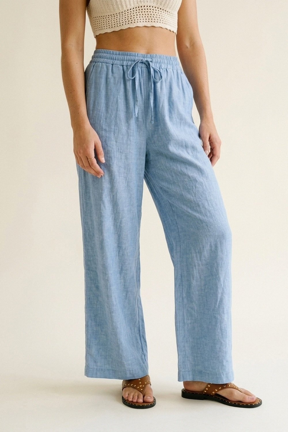 Pantalones Anchos Azul Claro Ligeros con Tela Arrugada y Cintura El&aacute;stica