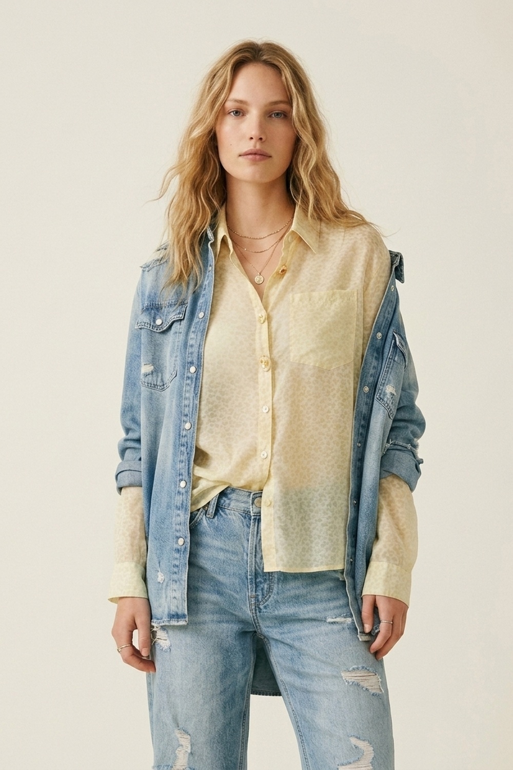 Blusa de transparencias con botones en amarillo claro y sutil estampado