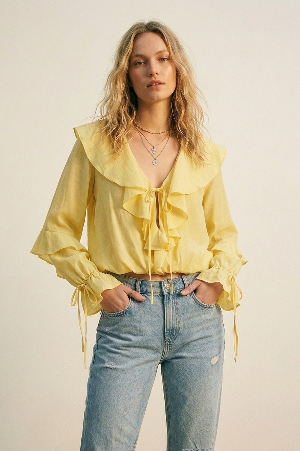 Blusa Amarilla de Manga Larga con Volantes y Lazo en el Frente Blusa Amarilla de Manga Larga con Volantes y Lazo en el Frente