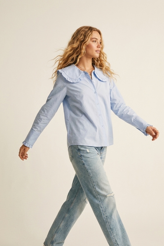 Light Blue Poplin Ruffle Collar Long Sleeve Regular Fit Shirt