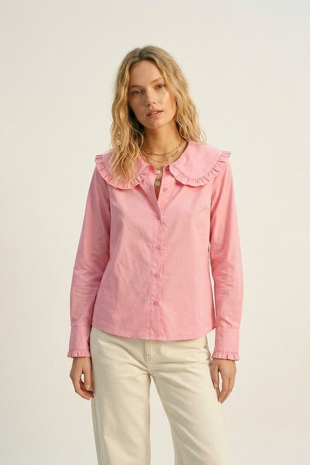 Camisa de Manga Larga con Cuello Prairie de Volantes en Popelina de Algod&oacute;n Rosa