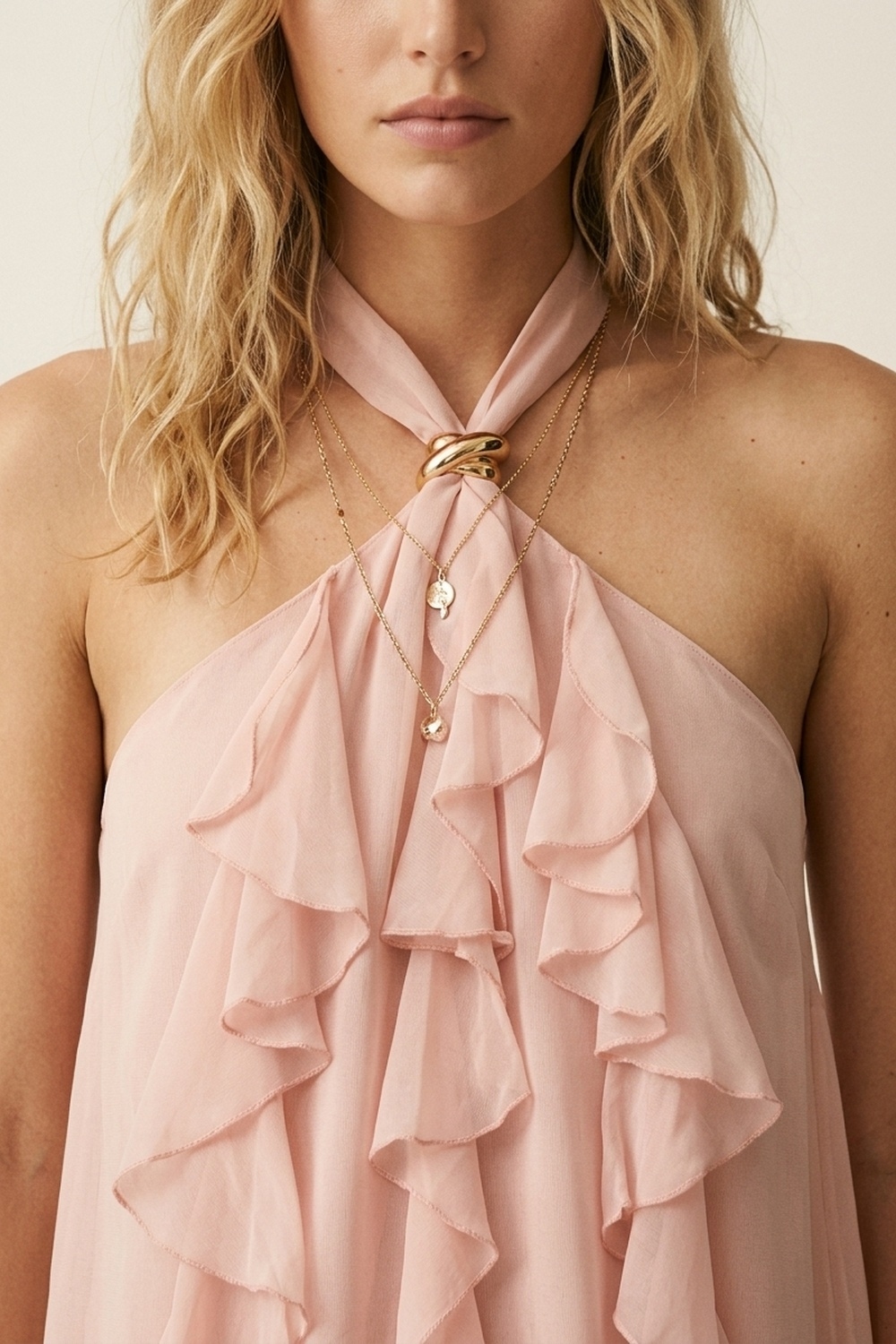 Top sin mangas con detalle de volantes de gasa y cuello halter en rosa claro