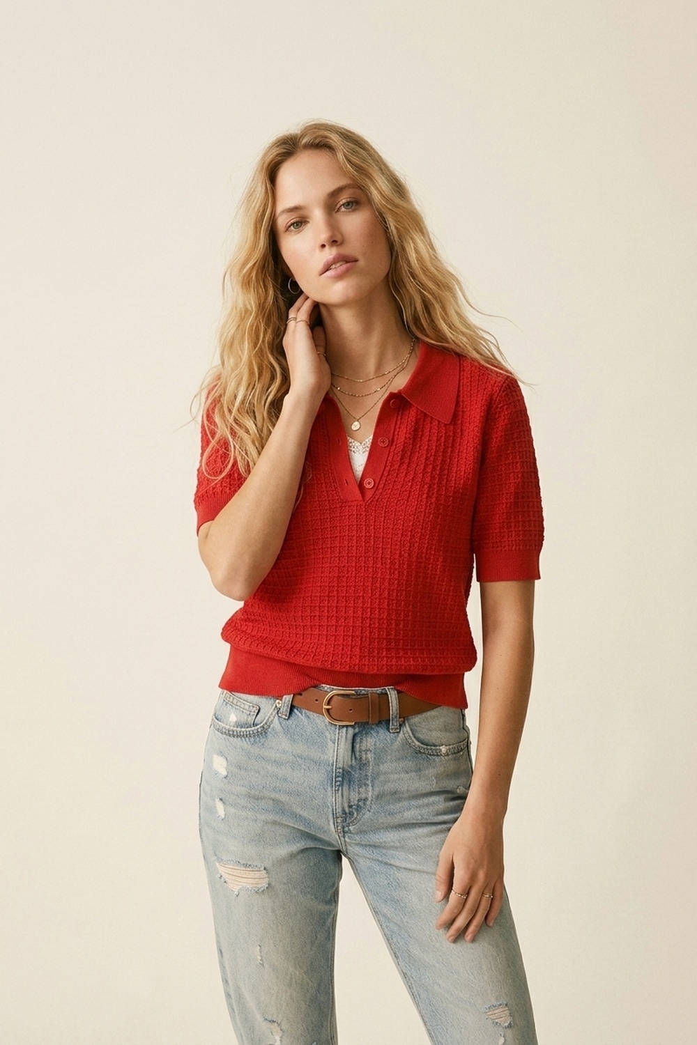 Polo de Punto de Waffle con Tapeta de Botones en rojo con Manga Corta Polo de Punto de Waffle con Tapeta de Botones en rojo con Manga Corta