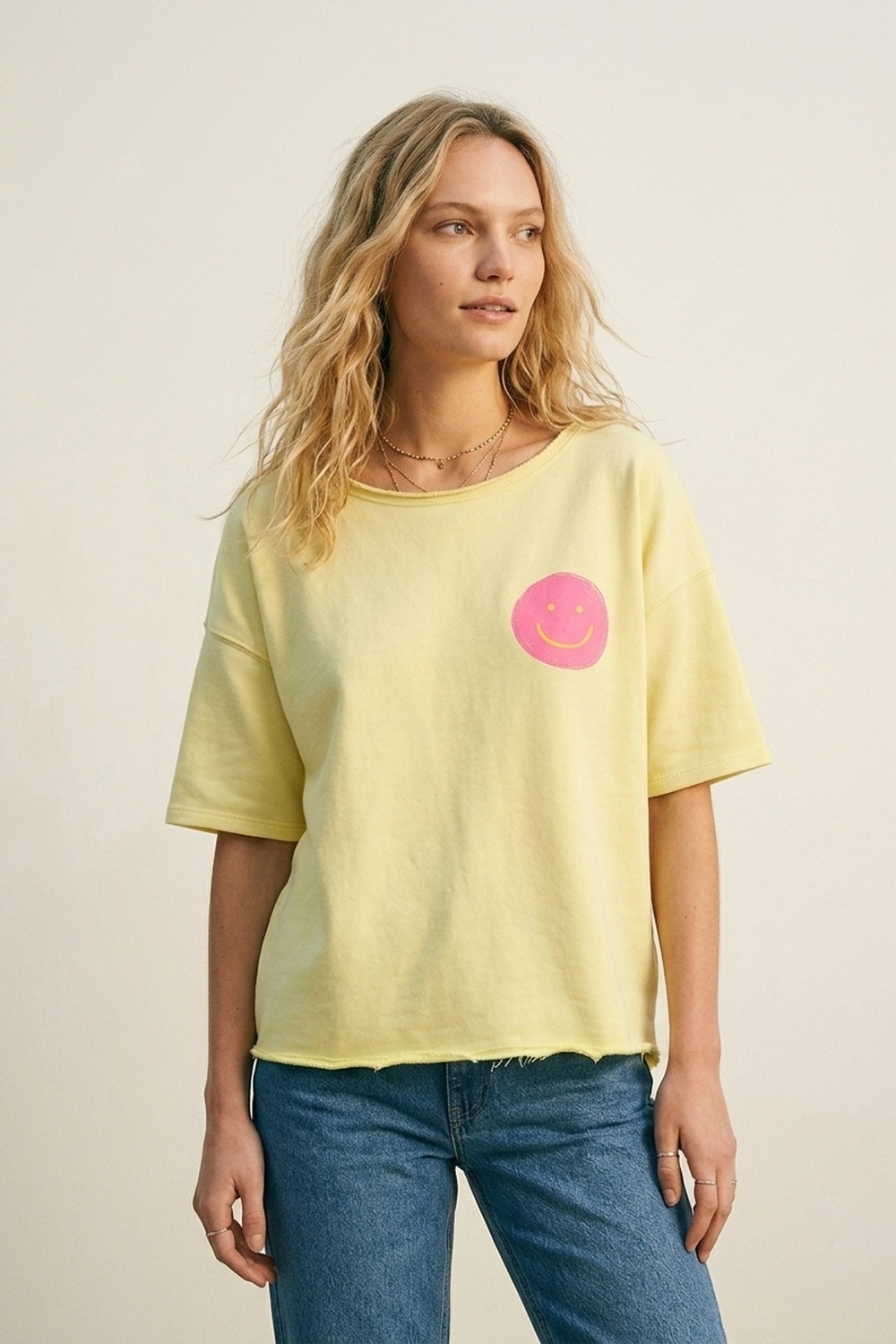 Sudadera de Algod&oacute;n Ajuste Relajado Amarillo con Parche de Sonrisa