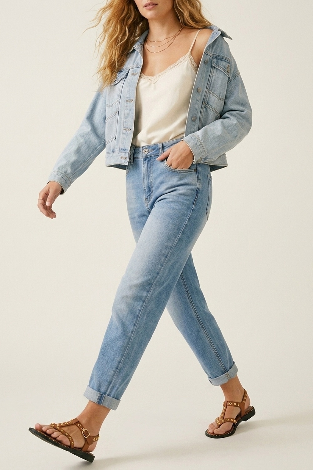 Vaqueros de corte mom estilo denim azul claro en largo al tobillo
