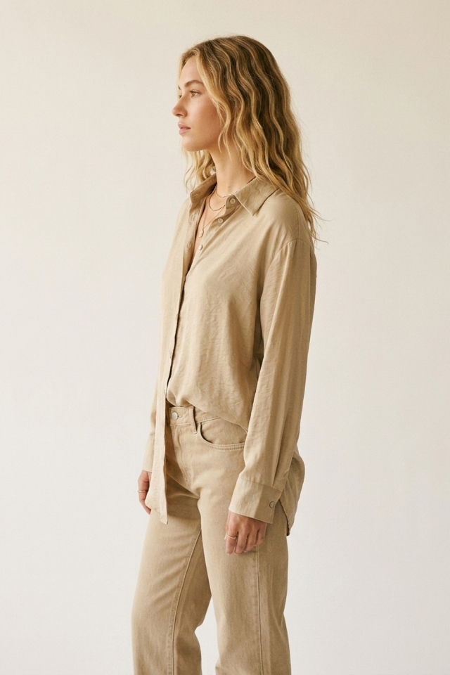 Beige Button-Front Long Sleeve Shirt Dress in shiny satin