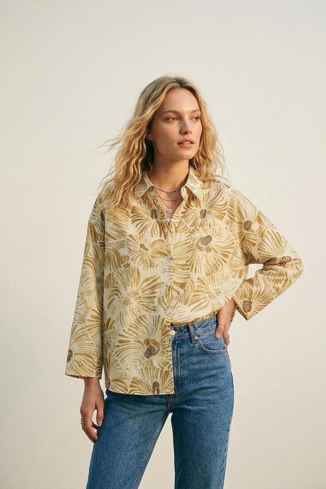 Camisa Beige con Estampado Floral y Corte Holgado con Botones