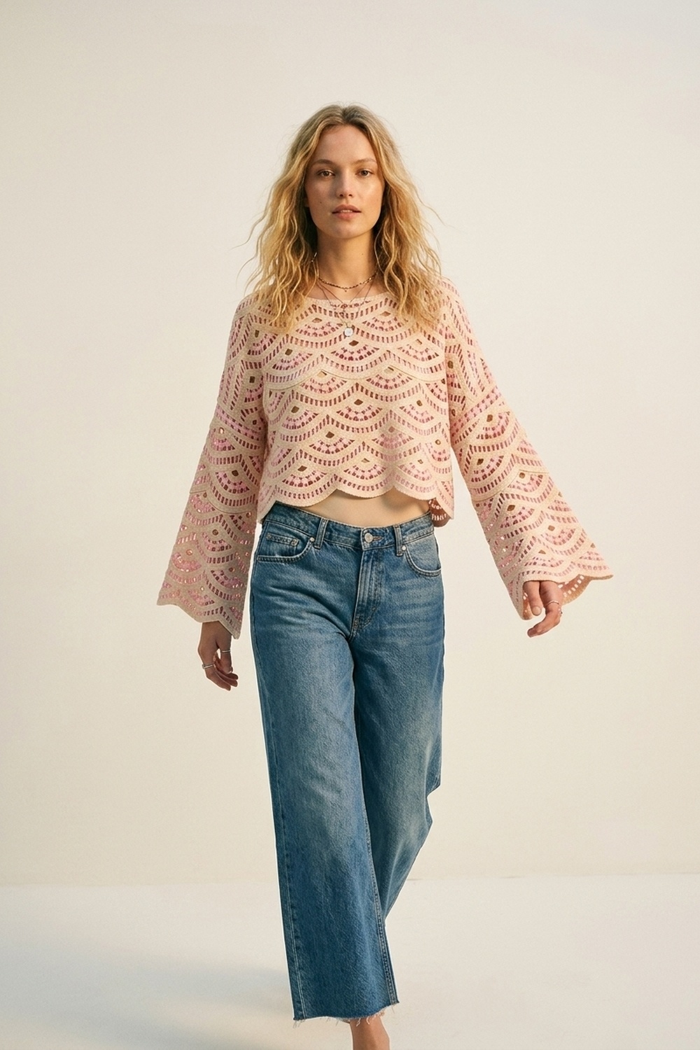 Beige Rosa Crochet Geo Pattern Scallop Hem Wide Sleeve Top