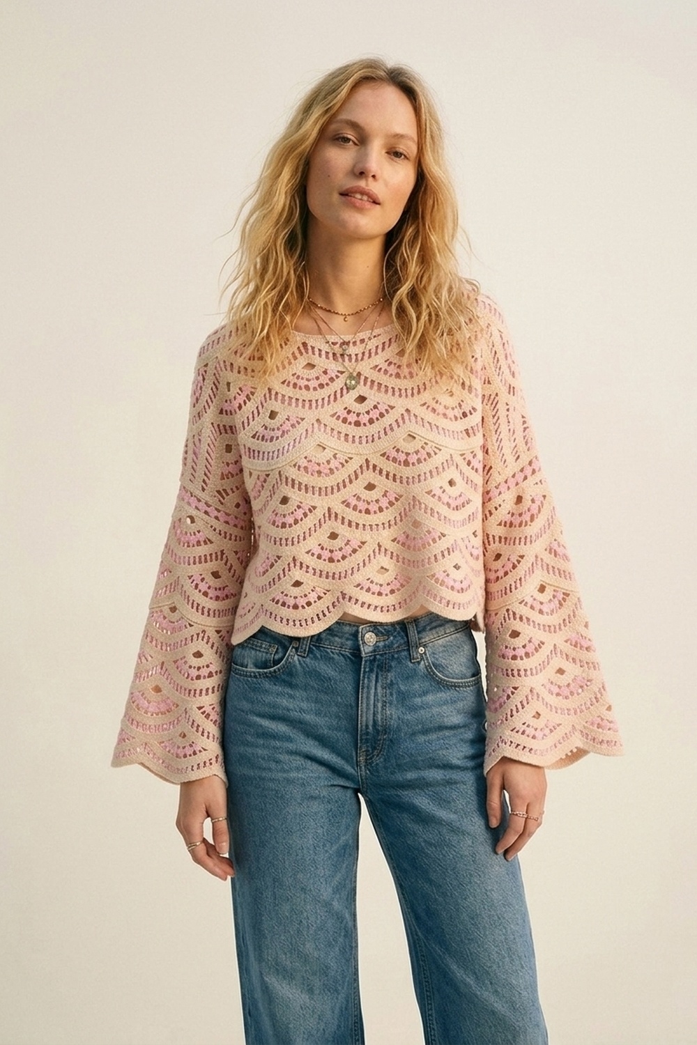 Beige Rosa Crochet Geo Pattern Scallop Hem Wide Sleeve Top