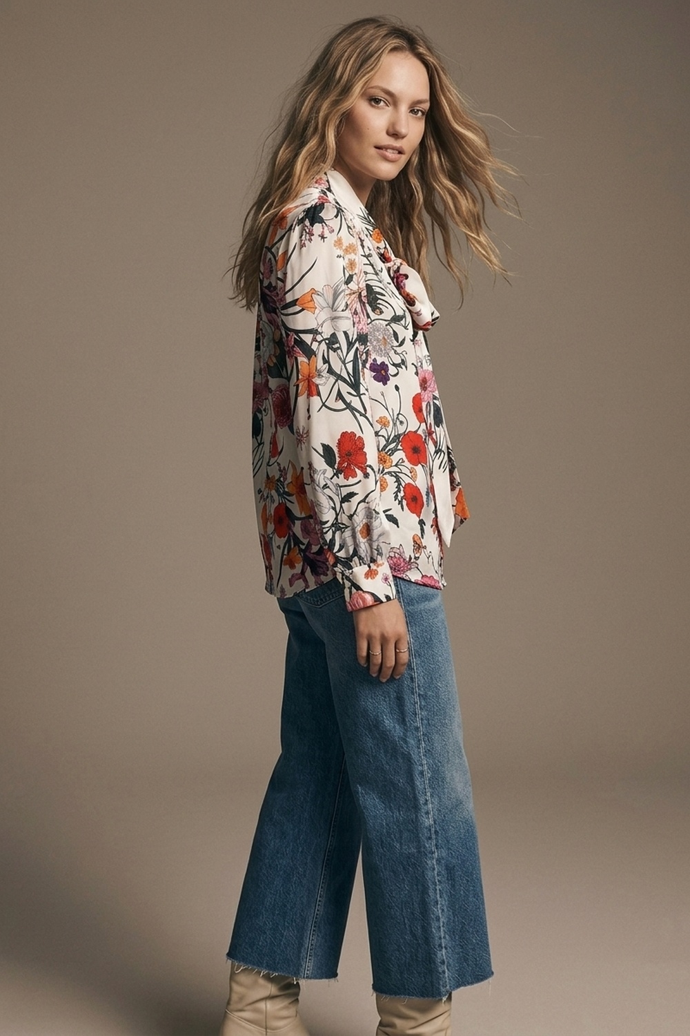 Blusa de Satén con Estampado Floral Blanco y Lazo en el Cuello de Manga Larga Blusa de Satén con Estampado Floral Blanco y Lazo en el Cuello de Manga Larga