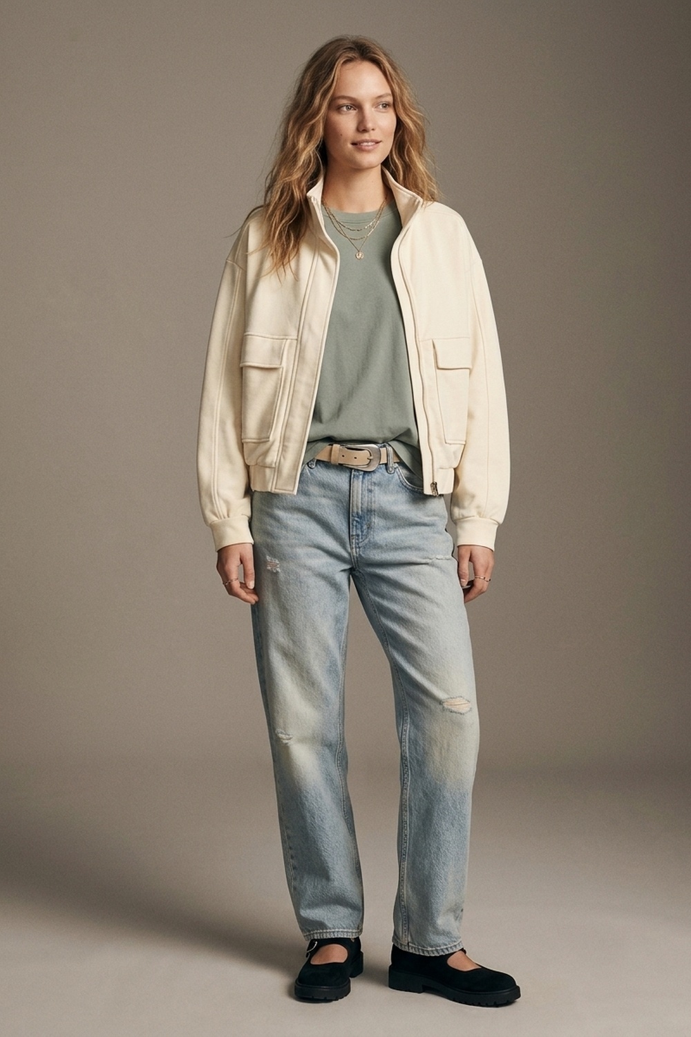 Chaqueta Bomber Relajada Con Bolsillo Frontal Y Cuello Alto De Viscosa Crema