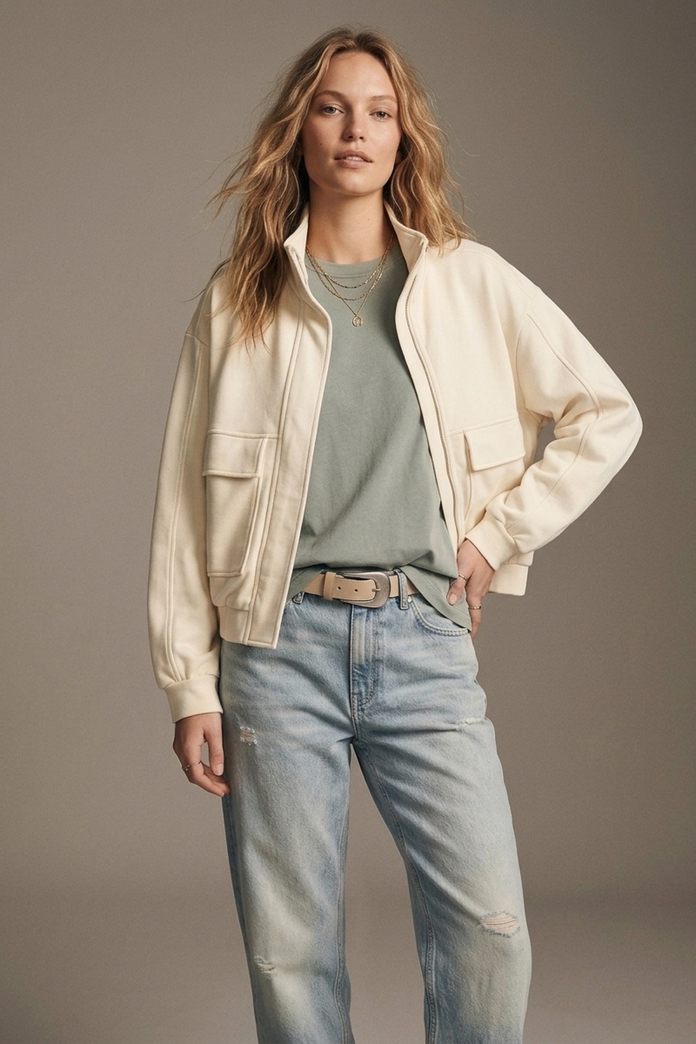 Chaqueta Bomber Relajada Con Bolsillo Frontal Y Cuello Alto De Viscosa Crema