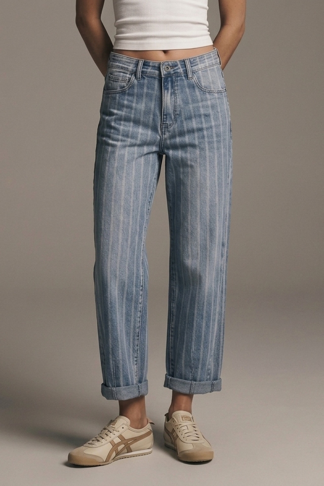 Jeans de Pierna Ancha de Mezclilla R&iacute;gida con Dise&ntilde;o de Rayas Azul Denim