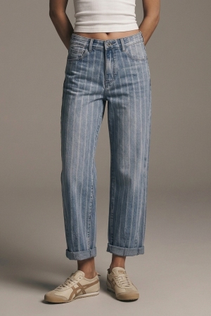 Jeans de mamá de diseño a rayas de mezclilla elástica en lavado medio