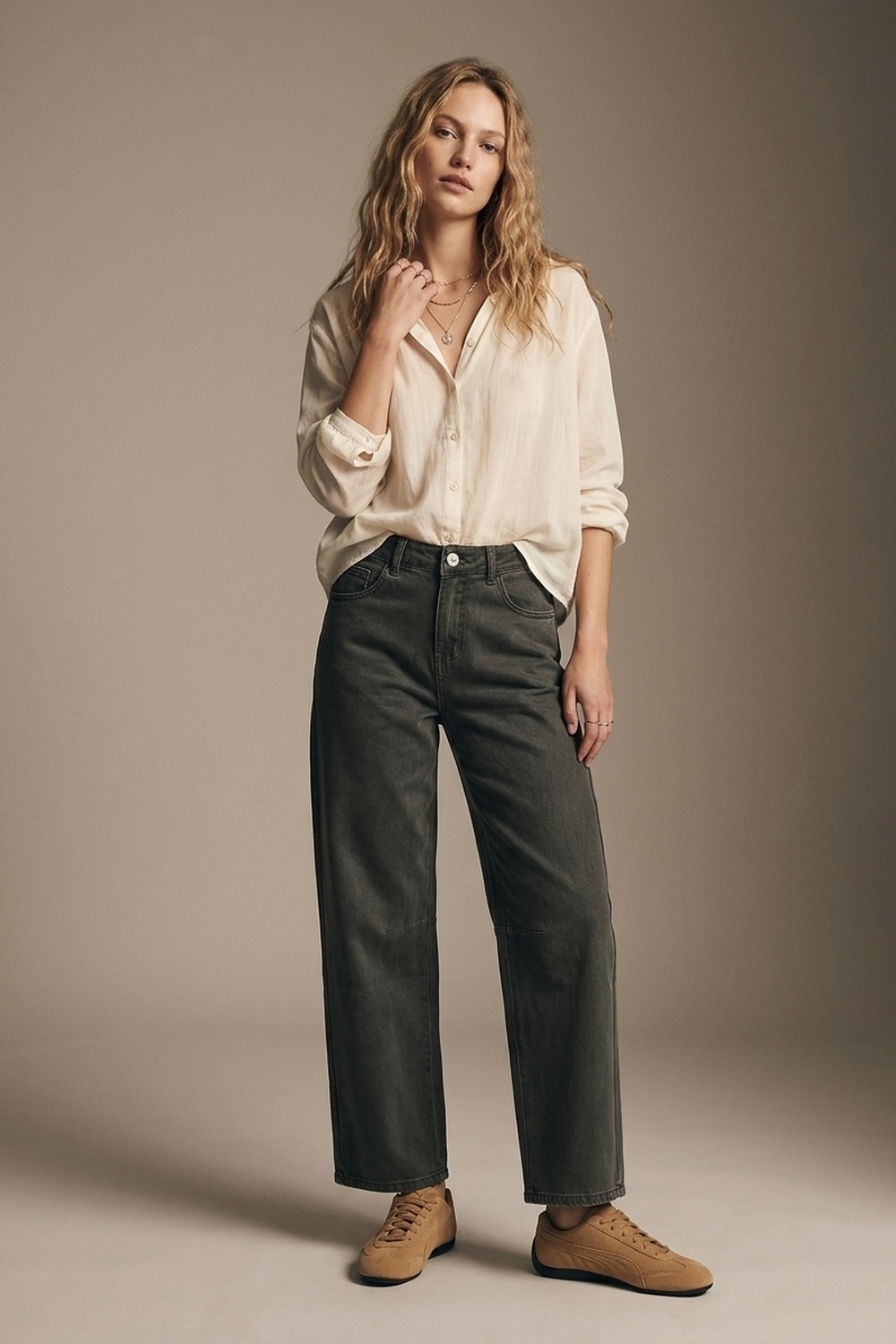 Pantalones vaqueros de pierna ancha de mezclilla lavado vintage caqui con costura en la rodilla Pantalones vaqueros de pierna ancha de mezclilla lavado vintage caqui con costura en la rodilla