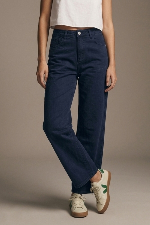 Jeans de mezclilla elástica suave azul marino de pierna ancha con costura en la rodilla