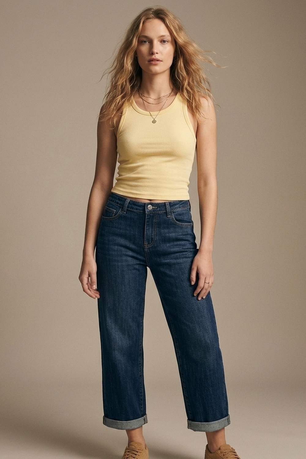 Jeans mom de mezclilla azul oscuro con pierna ancha y longitud hasta el tobillo