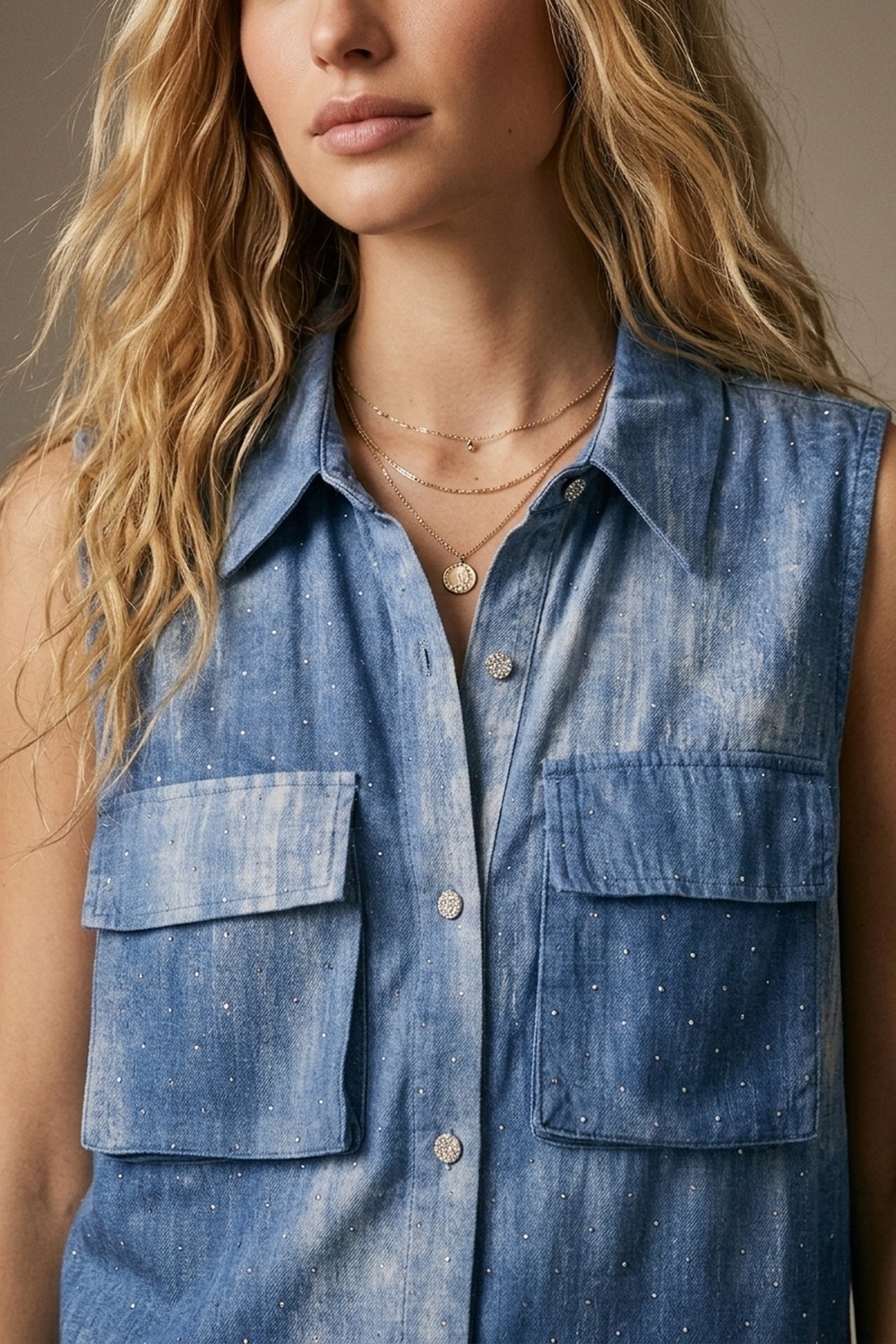 Camiseta sin mangas azul con estampado tie-dye y adornada con piedras de imitaci&oacute;n