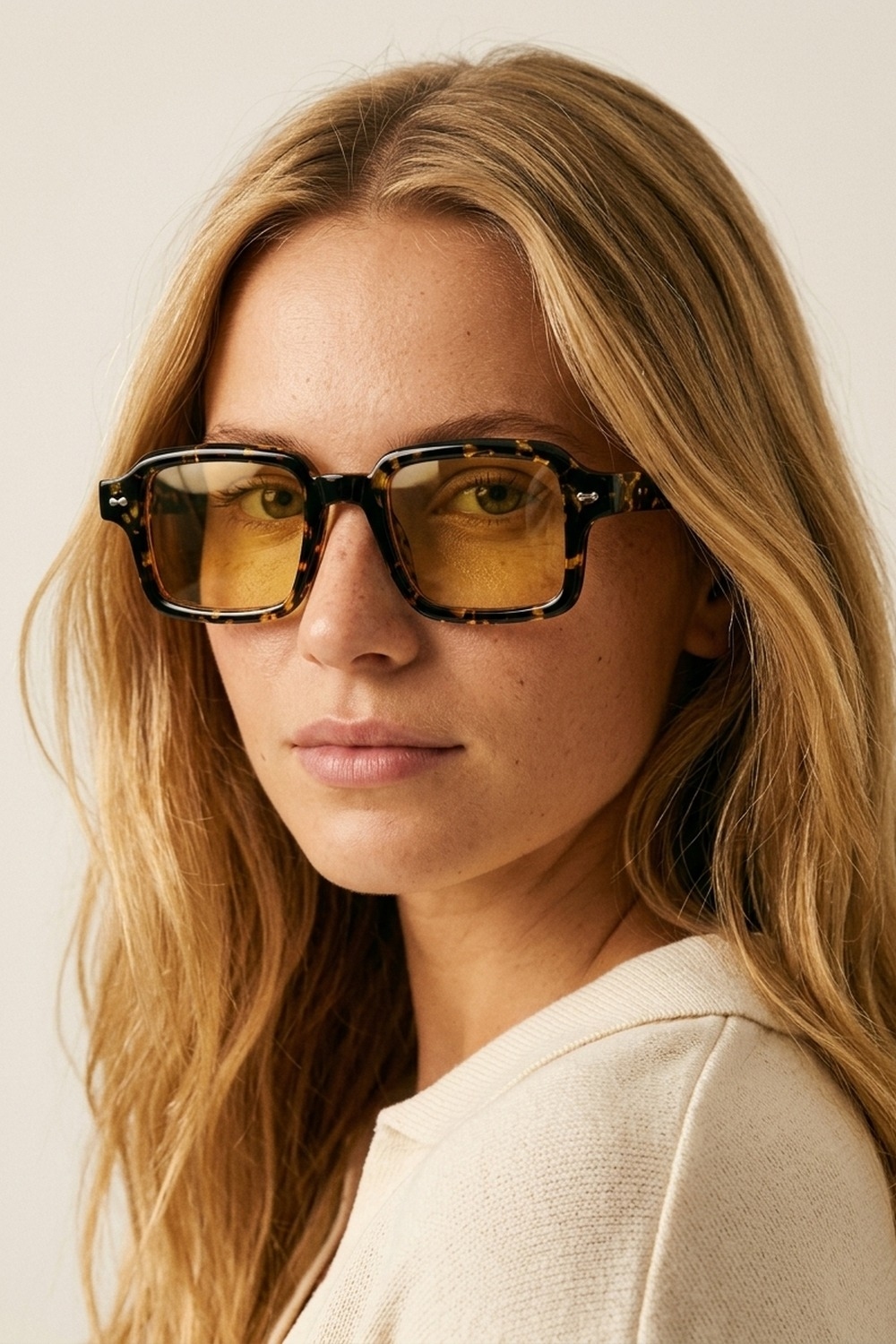 Gafas de sol con montura cuadrada de carey multicolor y lentes amarillas