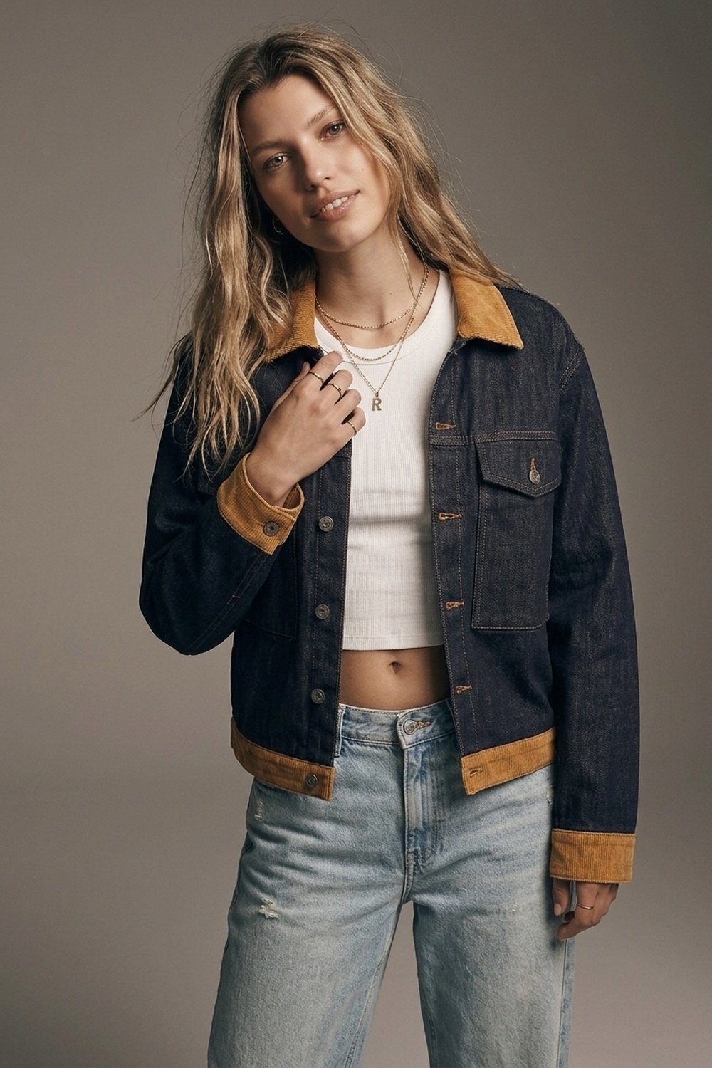 Chaqueta Azul Denim de Ajuste Relajado con Cuello de Pana y Botones al Frente