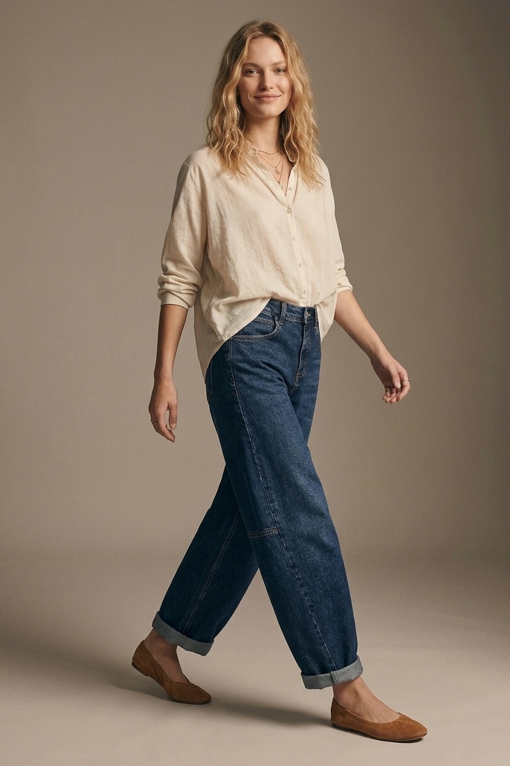 Jeans de mezclilla azul oscuro de pierna ancha con dobladillo vuelto y costuras laterales