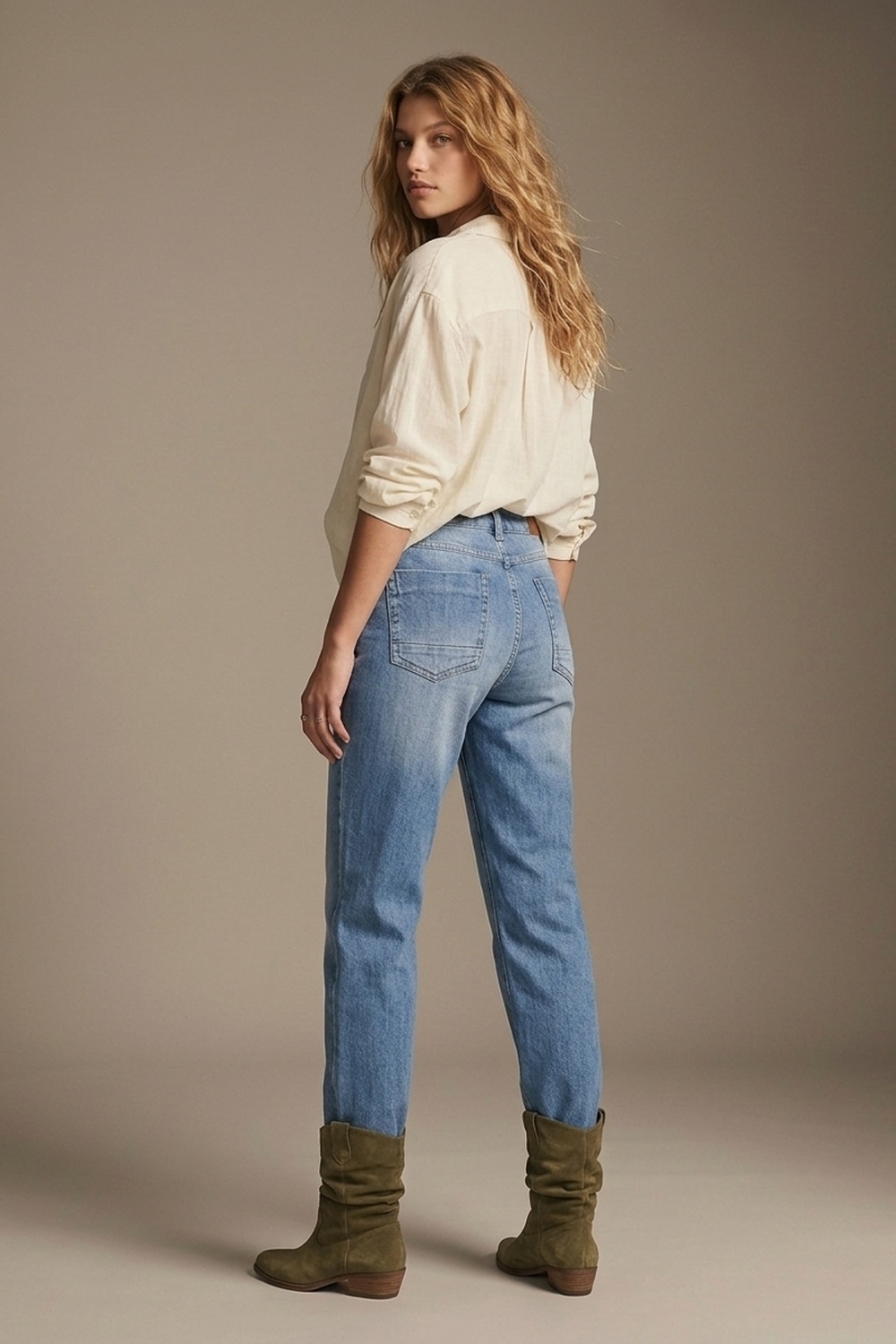 Jeans de mezclilla azul con lavado medio y pernera recta en estilo mom Jeans de mezclilla azul con lavado medio y pernera recta en estilo mom