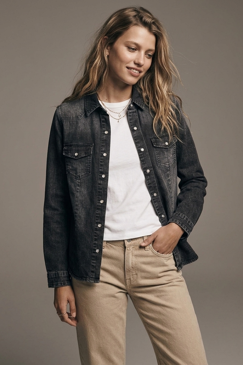 Chaqueta de Camisa de Mezclilla Negra Lavada con Botones