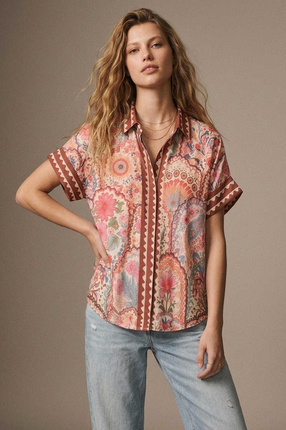 Camisa con estampado floral multicolor de tela ligera con ribete en contraste