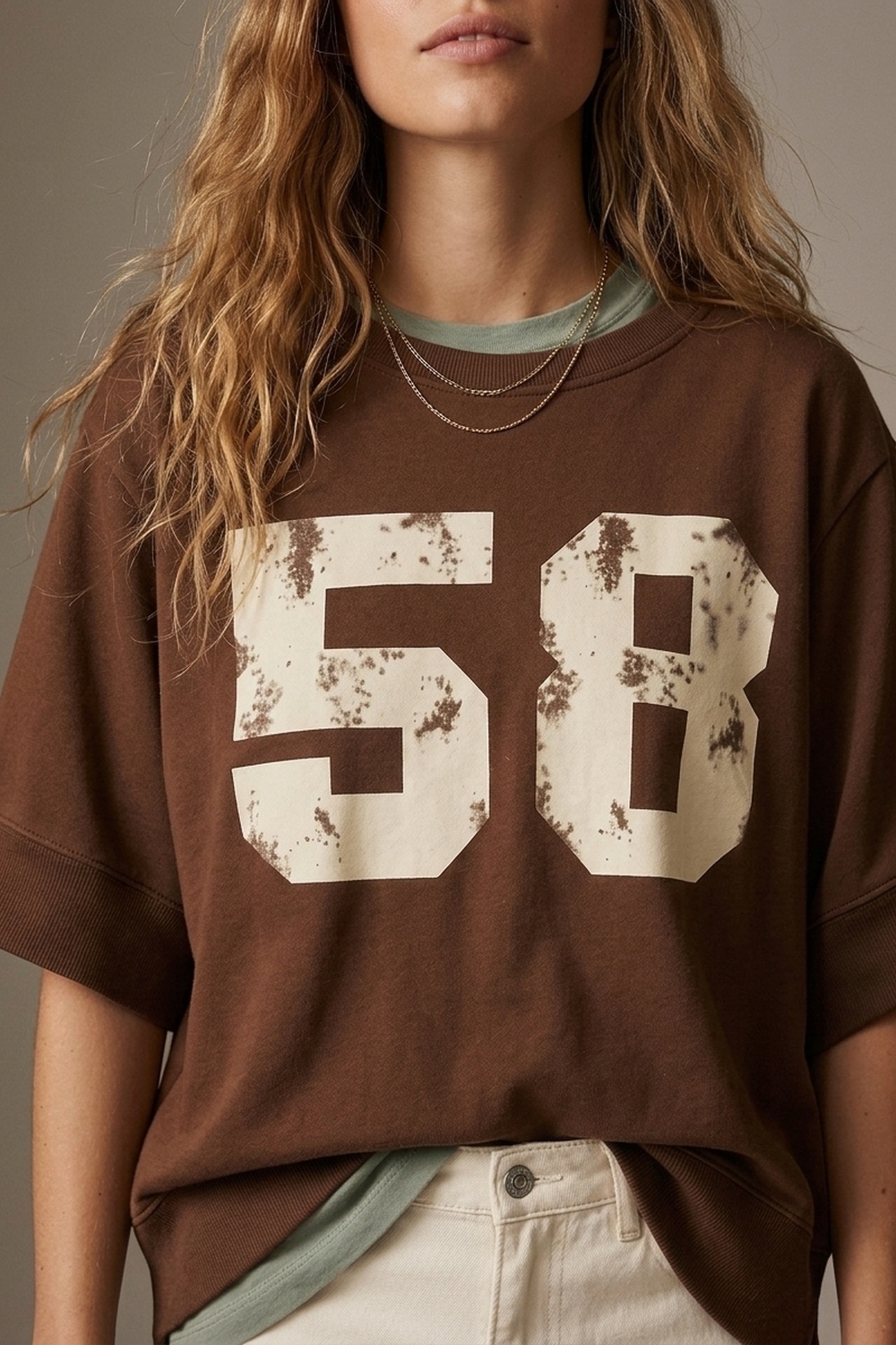 Sudadera marr&oacute;n gr&aacute;fica n&uacute;mero 58 con manga corta y ajuste relajado
