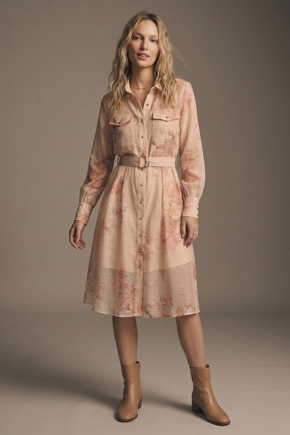 Vestido camisero midi de gasa con cintur&oacute;n y estampado floral beige con botones dorados