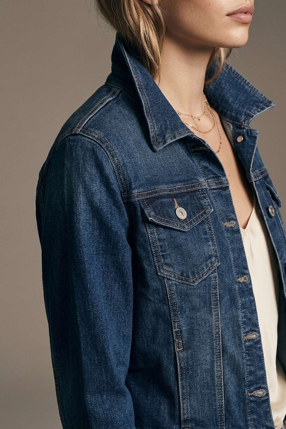 Chaqueta vaquera corta en azul con lavado oscuro Chaqueta vaquera corta en azul con lavado oscuro