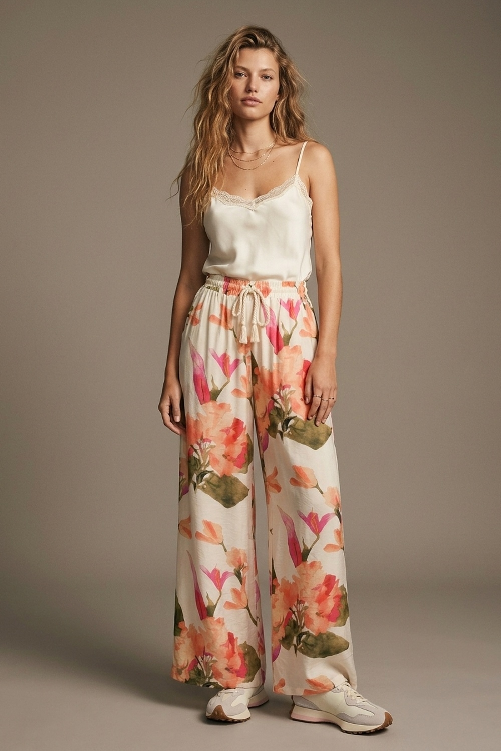 Pantalones anchos de estampado floral crema con cintura elástica Pantalones anchos de estampado floral crema con cintura elástica