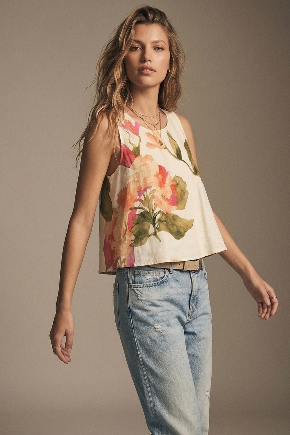 Top sin mangas con estampado floral crema Top sin mangas con estampado floral crema