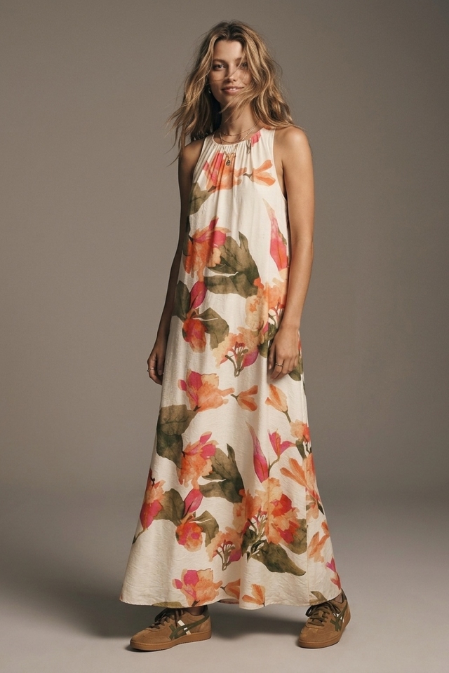 Vestido largo sin mangas de tela ligera con estampado floral crema.