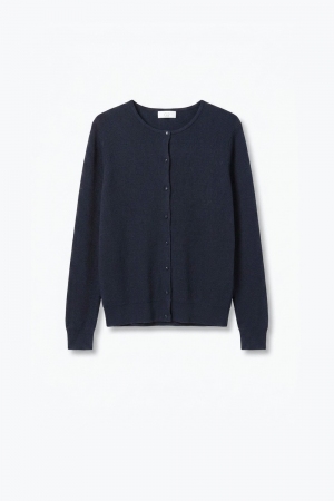 Cardigan de punto suave azul marino con cuello redondo y botones en la parte delantera