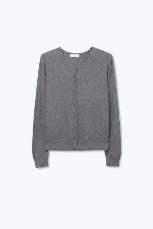 Cardigan Gris de Punto Canalé con Botones y Cuello Redondo