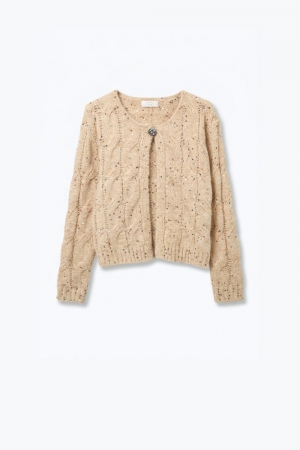 Cardigan corto beige de lentejuelas con botones y tejido grueso de punto de cable