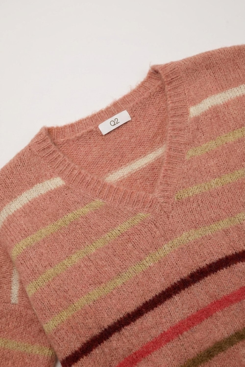 Jersey relajado de rayas con cuello en V de punto esponjoso multicolor rosa