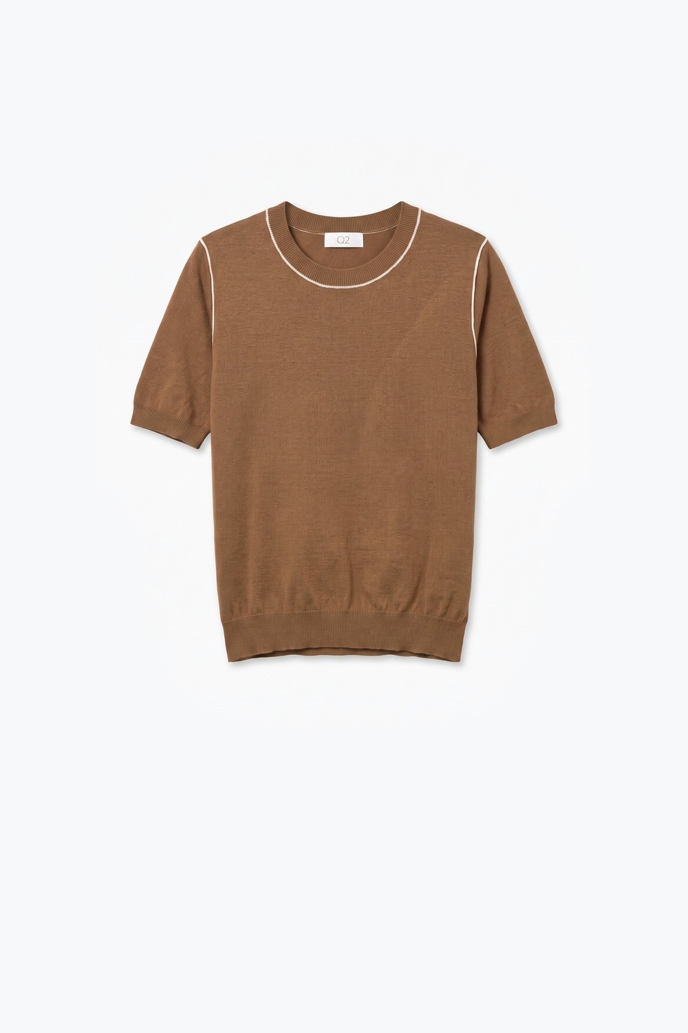 Suéter de punto fino camel con costuras en contraste y cuello redondo de manga corta Suéter de punto fino camel con costuras en contraste y cuello redondo de manga corta