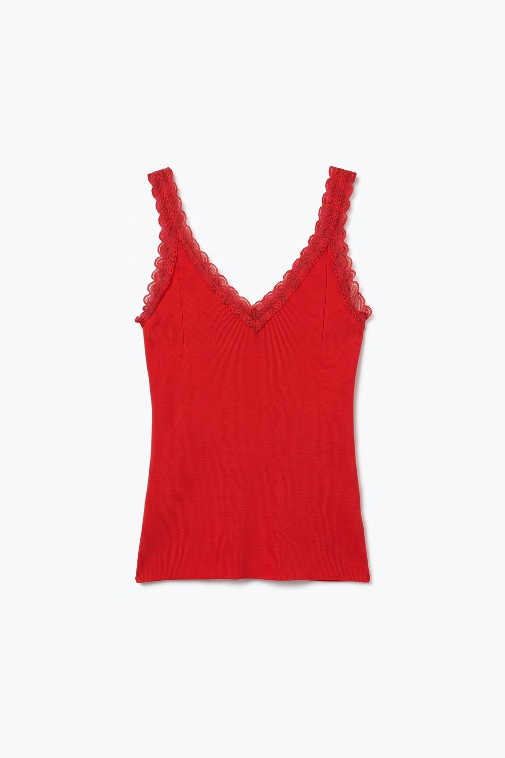 Top sin mangas de punto acanalado rojo con ribete de encaje y cuello en V