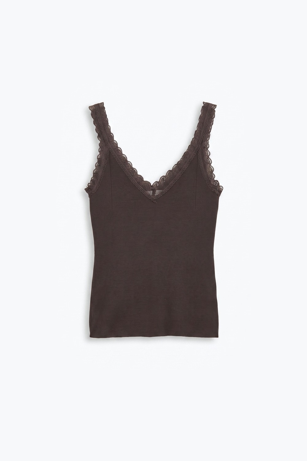 Top de tirantes de punto acanalado marr&oacute;n con encaje y cuello en V