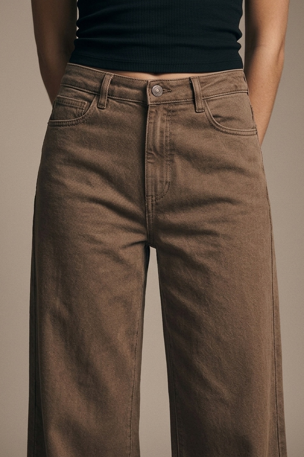 Pantalones de Mezclilla de Algodón Marrones de Pierna Ancha Casual Pantalones de Mezclilla de Algodón Marrones de Pierna Ancha Casual