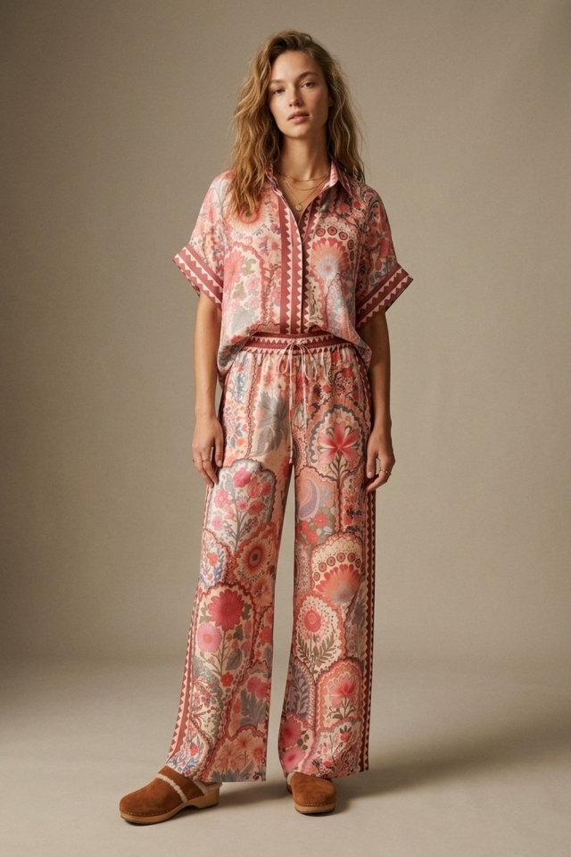 Pantalones de pierna ancha con estampado floral multicolor, tejido ligero y cintur&oacute;n con borlas.