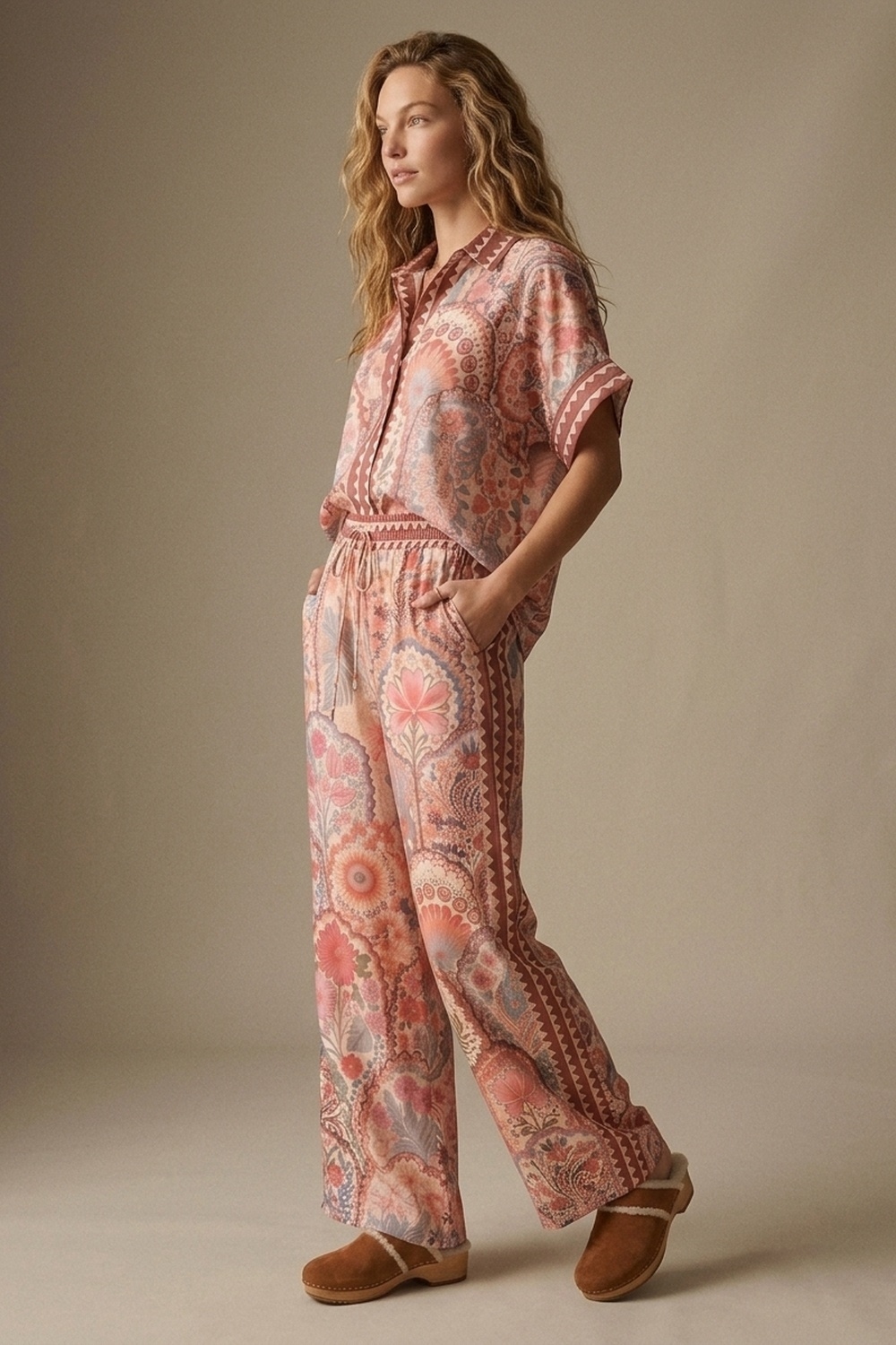 Pantalones de tela tejida ligera con estampado floral multicolor y cintura ancha