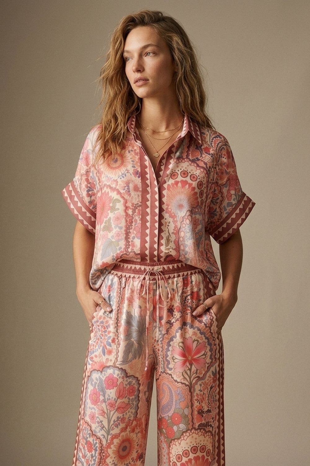 Camisa con estampado floral multicolor de tela ligera con ribete en contraste
