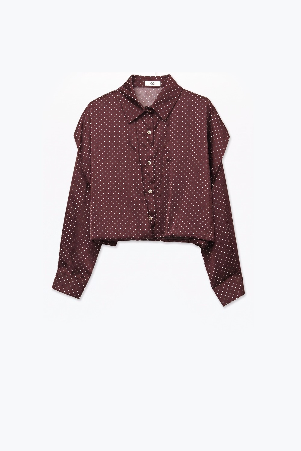 Camisa corta abotonada de satén con lunares burdeos Camisa corta abotonada de satén con lunares burdeos