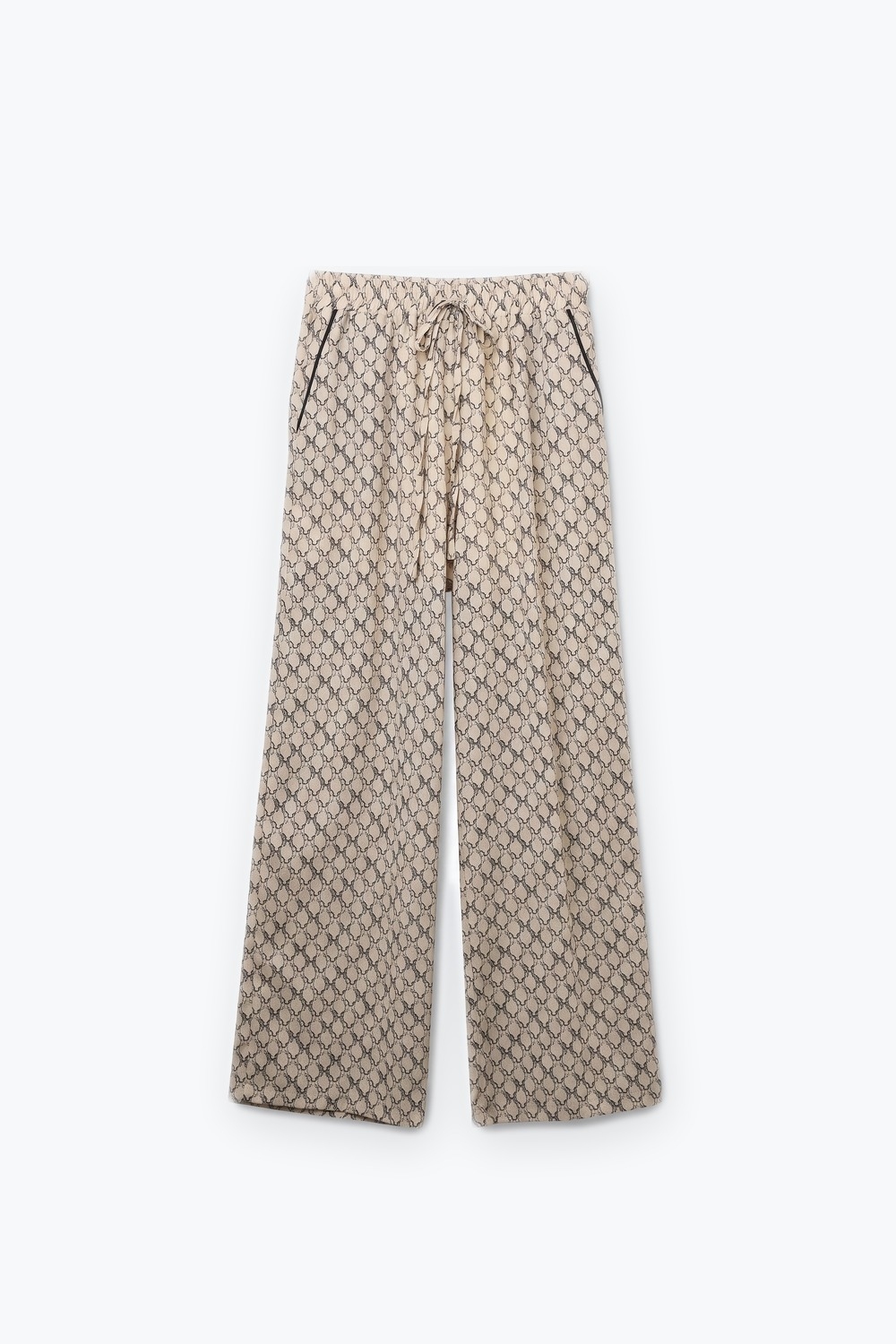 Pantalones anchos con cord&oacute;n acolchados de estampado de caballos color crema