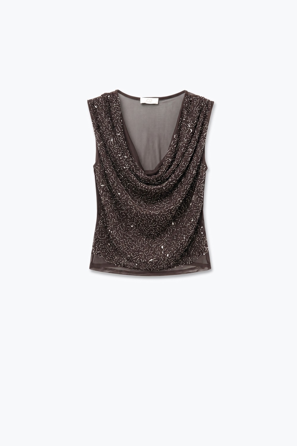 Top sin mangas con cuello drapeado y lentejuelas marr&oacute;n con espalda de malla